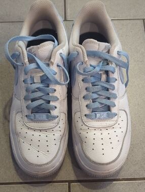 Nike White Sneakers with Light Blue Laces and Swoosh
